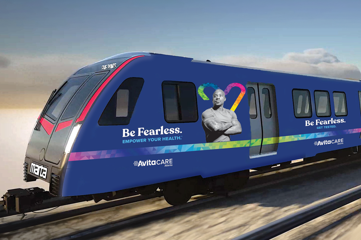 Full wrap advertisement on a MARTA train, encouraging Atlantans to get tested at AvitaCare, featuring inclusive imagery and bold calls to action.