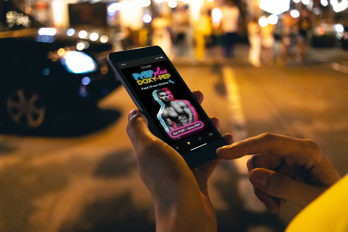 Person viewing a Q Care Plus ad on a dating app, promoting PrEP and Doxy-PEP with a bold, neon graphic of a shirtless man.